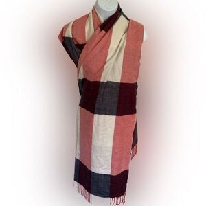 Gap Blanket Shawl -25 x82 red.  White ,black with fringe.  Modal blend